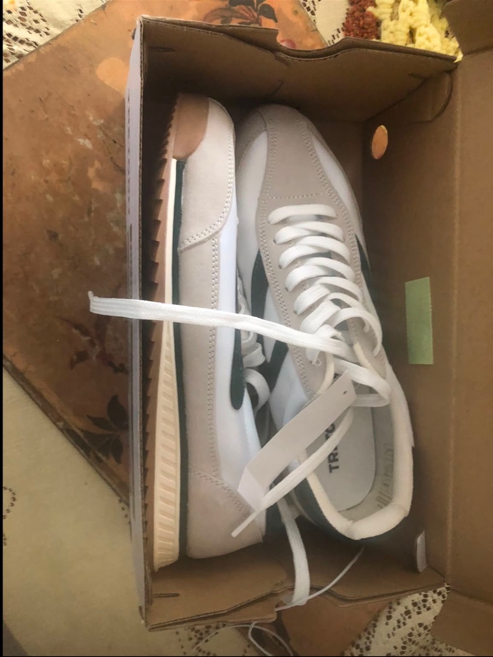 Tretorn White Sneakers with Beige Panels and Green Stripe